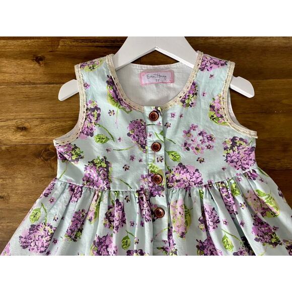 SweetHoney Sleeveless Nora Dress Fly Away Green Purple Floral Hydrangeas Girls 5 - Picture 3 of 7